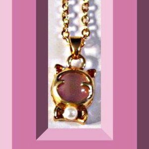 Gold Tone Cat / Kitten Design Necklace With White Faux Pearl & Pink Bead
